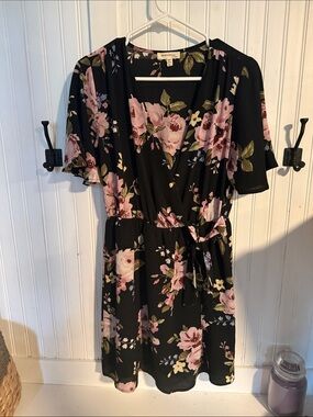 Floral Wrap Dress in Black with Pink Roses